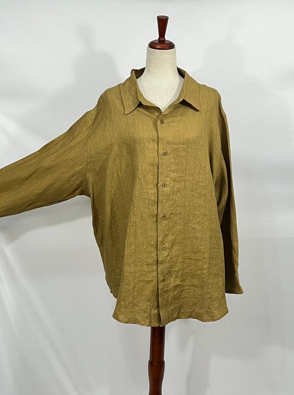 OZMA Sz L Large Vija Button Up Linen Shirt Top Brown Tan Khaki Olive